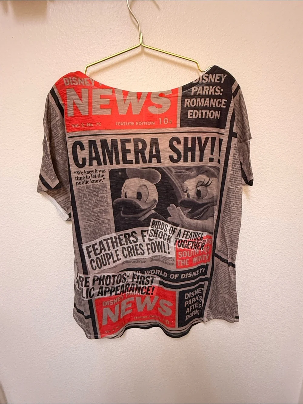 Disney‎ Parks Mickey Minnie Newspaper Print Top XXL Oversized Sheer Graphic Tee
